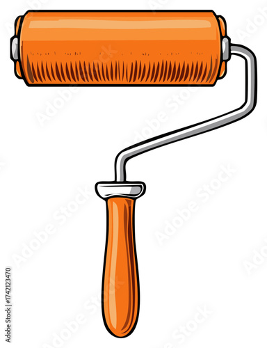 Paint Roller Close Up Painting Tool for Wall Coloring Home Interior Repair Remodeling, isolated on white, Orange Color