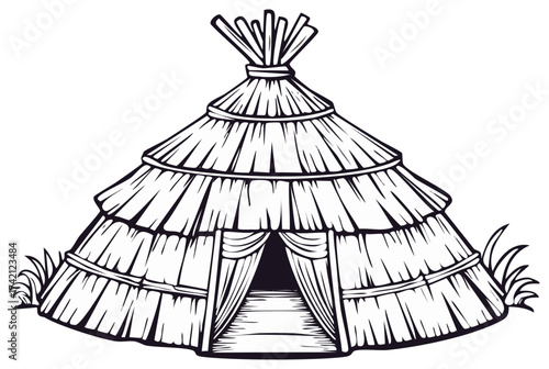 Hand drawn illustration of a traditional conical thatched roof hut or primitive dwelling