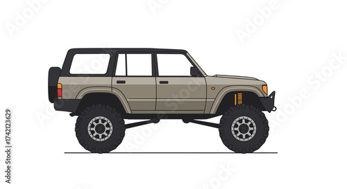 Illustration of a Beige Four-Wheel Drive Vehicle with Black Roof and Oversized Tires.