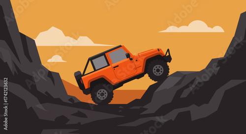 Orange Off-Road Vehicle Climbing Rocky Terrain Illustration.