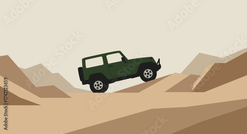 Green Off-Road Vehicle Traversing Desert Terrain Illustration.