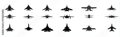 A row of fighter jets is flying in perfect formation on a white background