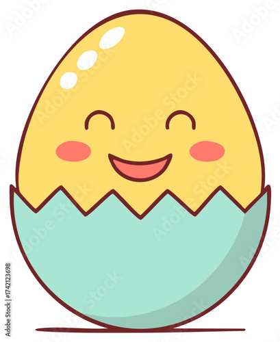 Happy yellow cartoon chick character smiling brightly emerging from a cracked blue eggshell