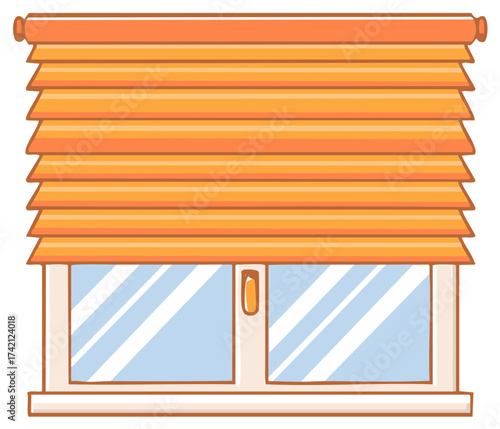 Cartoon window with layered orange blinds home decor illustration