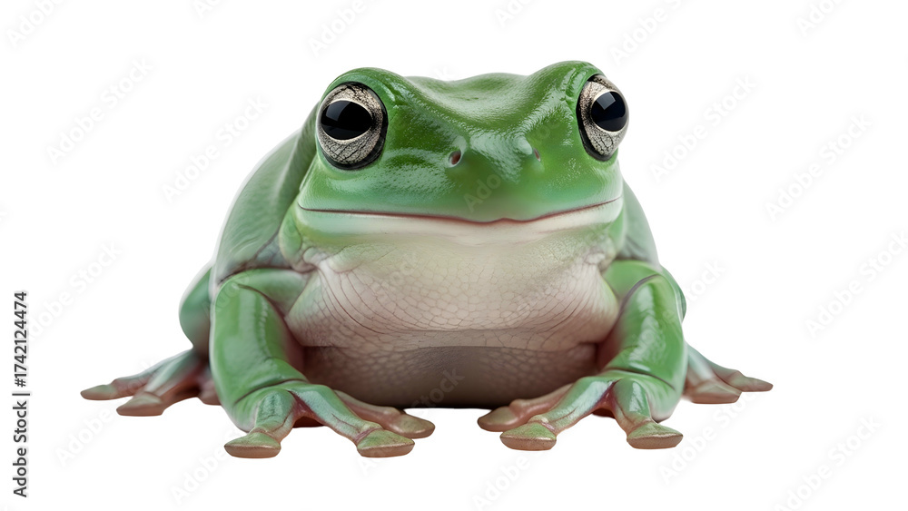 Obraz premium Green tree frog close-up on a dark background, facing forward