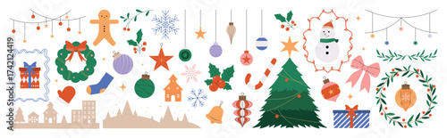 Christmas ornament and frame vector illustration set. Collection of christmas tree, gift, gingerbread, snowman, wreath, bauble, holly, snowflake. Design for sticker, card, poster, invitation,greeting.