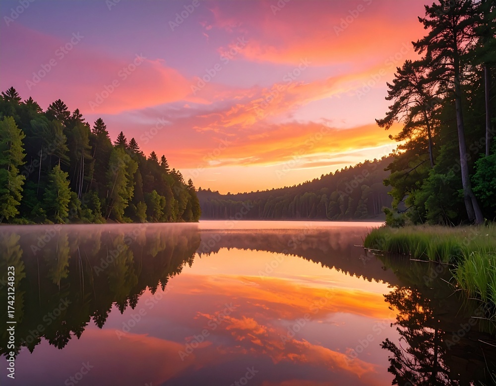 Fototapeta premium 幻想的な朝の光に包まれた湖と森の風景