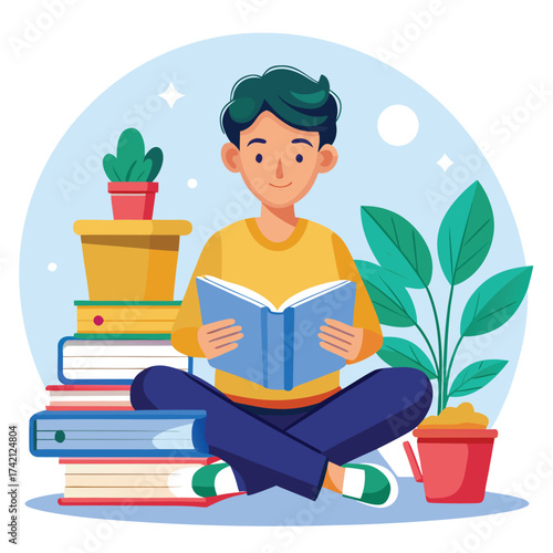 Vector art of young man reading book sitting on stack of books with plants around him