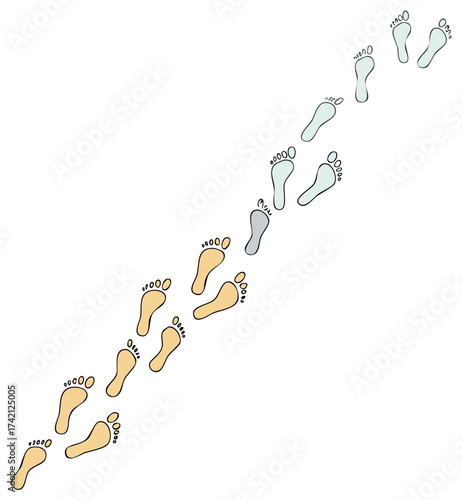 Footprint trail depicting journey and progress, beginning with earthy tones and transitioning to serene blues.