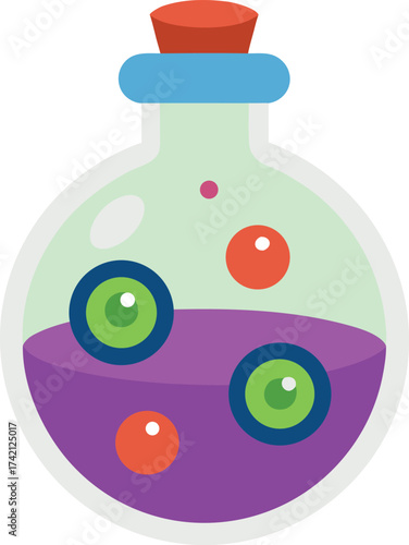 Round glass potion bottle with purple liquid and green eyes
