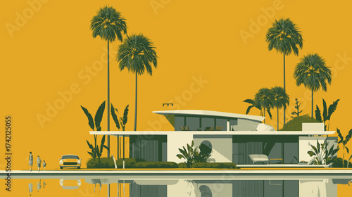 Mid century villa with palm trees and orange sky