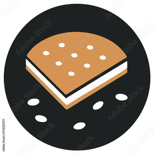 Stylized illustration of a cookie sandwich with white filling and scattered crumbs
