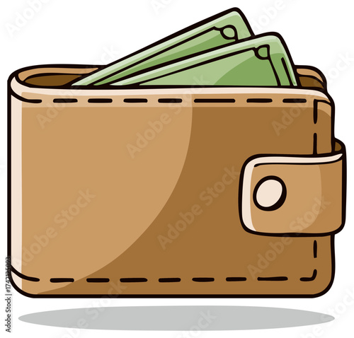 Vector illustration of a brown leather wallet filled with cash banknotes