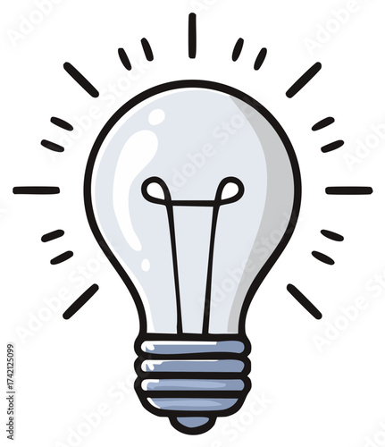 Cartoon lightbulb with glowing rays, symbolizing bright ideas and creative solutions, generating innovative thought processes