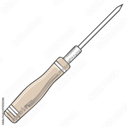 Hand tool awl with wooden handle and steel spike in cartoon style for leather craft and sewing, vector illustration