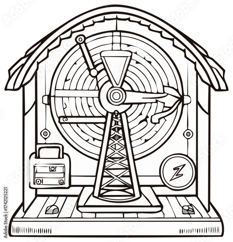 Vintage weather forecasting machine illustration with moving wind indicator in an old wooden frame