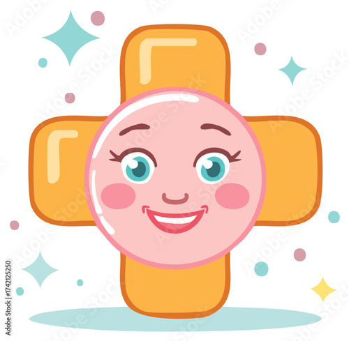 Smiling Face Cartoon Character on Yellow Cross Symbol with Sparkles Icon Illustration