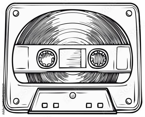 Retro audio cassette tape in detailed line drawing style, vintage music recording media.