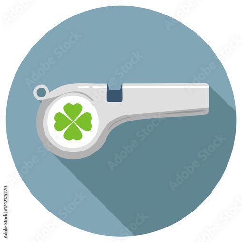 Silver whistle with a vibrant green four leaf clover symbol for luck and games concept