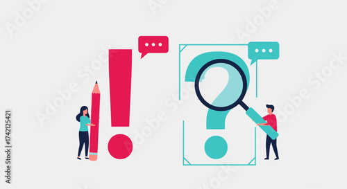 Illustration depicting people interacting with large question mark and exclamation mark symbols, representing problem-solving.