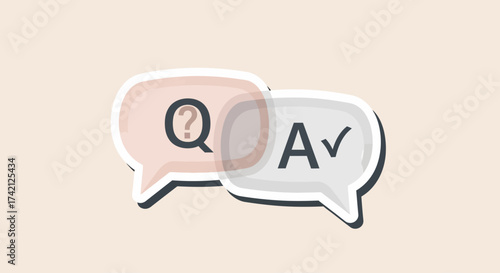 Two overlapping speech bubbles, one with a question mark and the other with an "A" and a checkmark, on a light background.