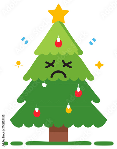 Sad Christmas Tree Decoration with Festive Ornaments and Star