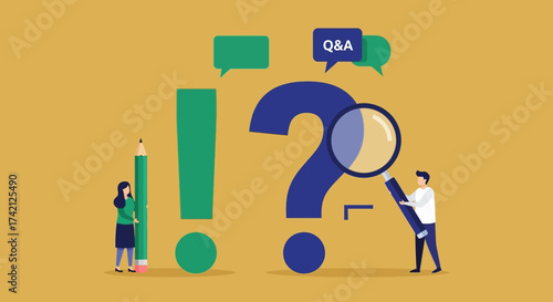 Illustration depicting people interacting with large question mark, exclamation point, and speech bubbles.