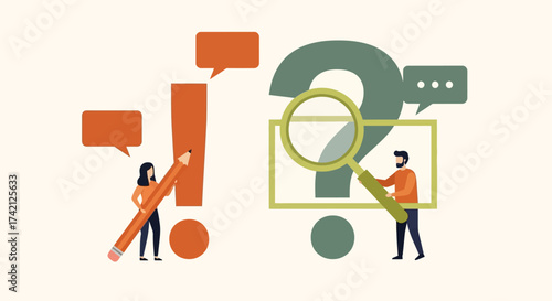 Illustration depicting people interacting with an exclamation mark and a question mark, symbolizing problem-solving.