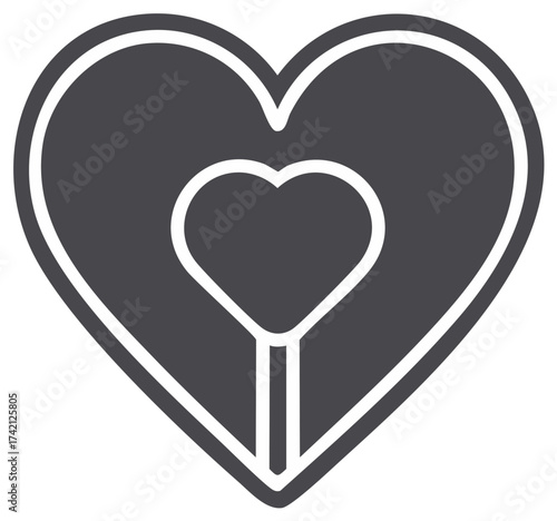 Outline of a large heart with a smaller heart on a stick inside symbolizing love or a proposal
