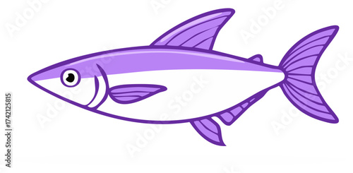 Purple cartoon fish illustration with fins and tail detailed with lines
