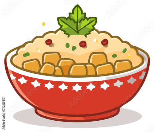 Vector illustration of a hearty bowl of porridge with tofu cubes and fresh herb garnish