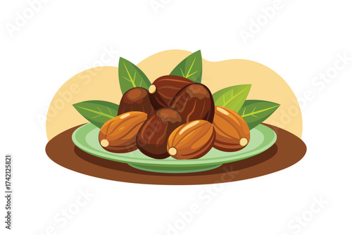 Fresh Dates in Traditional Plate on White Background
