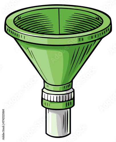 Green kitchen funnel tool for pouring liquids and powders simple cartoon illustration