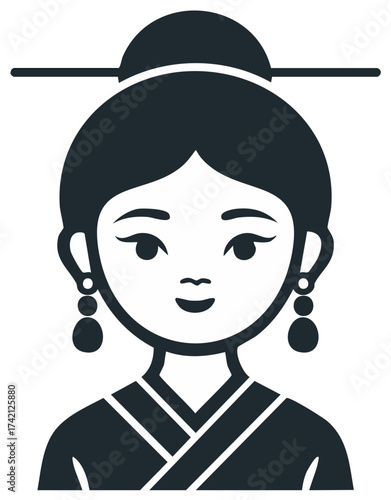 Stylized illustration of an East Asian woman wearing traditional attire and an elegant updo with hairpin