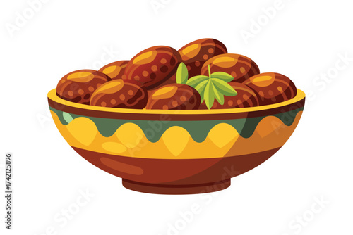 Decorative Bowl of Dates Isolated on White Background