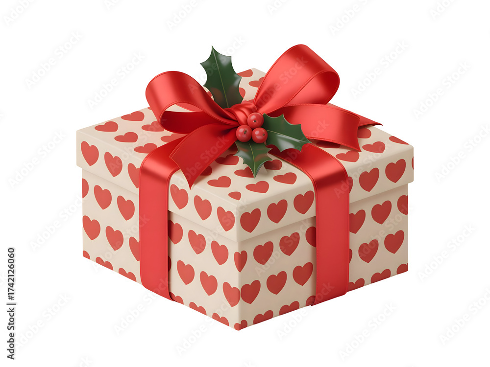 Obraz premium Festive 3D gift box featuring a red heart pattern, adorned with a satin ribbon and traditional Christmas holly berries.