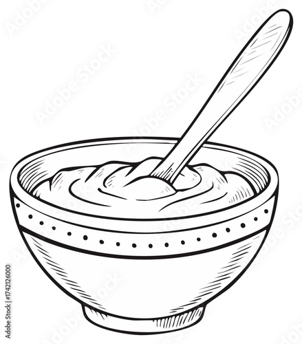 Illustration of a bowl of food with a spoon, in a line drawing style, for use in coloring books or cooking material.