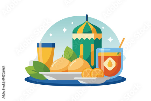 Iftar Food Arrangement with Juice Glass on White Background