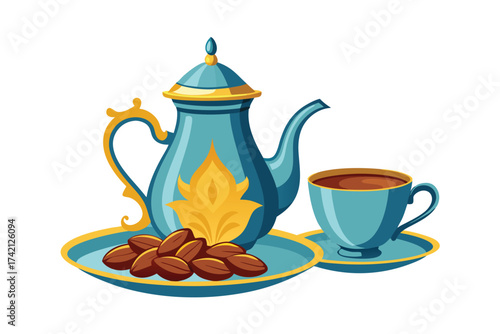 Elegant Tea Pot with Cup and Plate of Dates Illustration