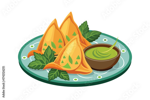 Decorative Plate of Samosas with Mint Chutney Illustration
