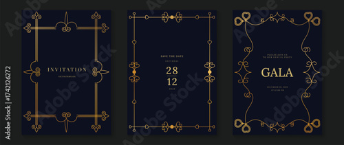 Luxury vintage invitation card background vector. Elegant classic antique design, gold lines gradient on navy blue background. Premium design illustration for gala card, grand opening, art deco.