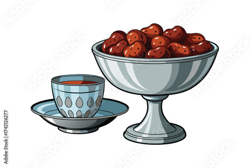 Elegant Silver Bowl with Dates and Water Glass Illustration