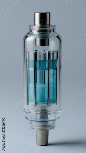 Transparent vacuum tube with blue interior and metal connectors on gray background