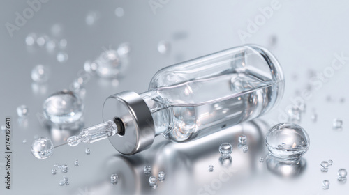 Transparent glass vaccine vial with metal cap and droplets on reflective surface