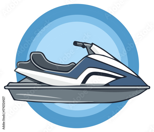 Sleek modern jet ski illustration with blue concentric circles background symbolizing water