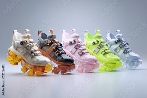 Colorful futuristic sneakers on display with chunky soles