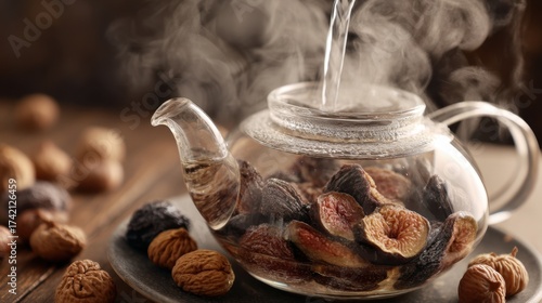 Steaming herbal tea with dried figs and walnuts in glass teapot on wooden tray