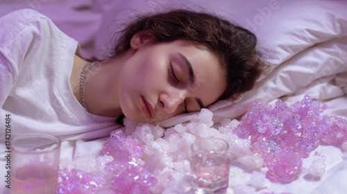 Young caucasian female sleeping peacefully on pillow with pink crystal decorations