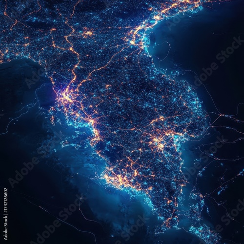 Aerial view of vibrant urban lights illuminating city at night with glowing streets