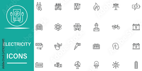 Electricity line icon set. Included icons as cable, lightbulb, led lamp, electricity meter, wire, switch, battery, voltage, home electrification and more. Power related icons. Vector illustration.